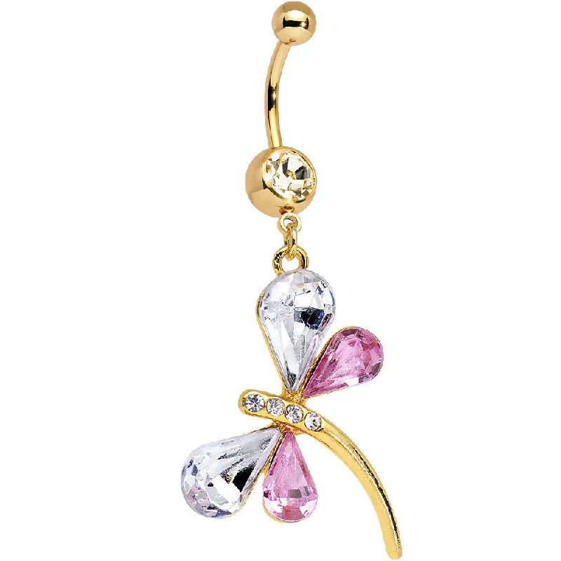 Belly Rings with Heart-Shaped Designs -Gold Plated Clear Pink Gem Wing Dragonfly Dangle Belly Ring Belly Rings with Heart-Shaped Designs -Gold Plated Clear Pink Gem Wing Dragonfly Dangle Belly Ring