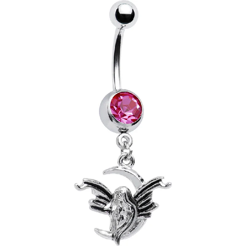 Comfortable Belly Rings for Sensitive Piercings -Pink Gem Half Moon Fairy Belly Ring Comfortable Belly Rings for Sensitive Piercings -Pink Gem Half Moon Fairy Belly Ring