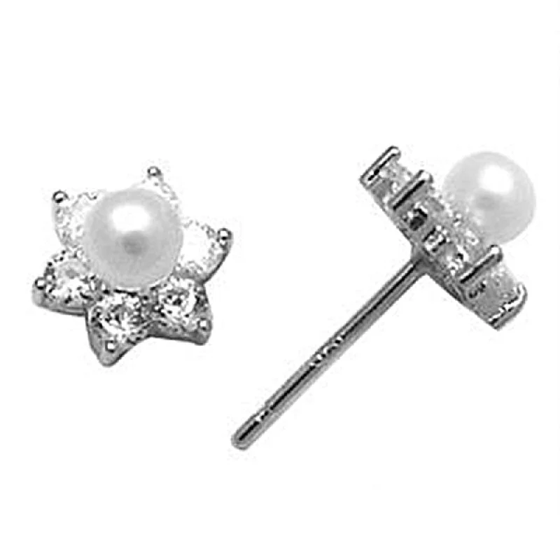 Women's Earrings – Elegant Designs for Every Personality--14kt White Gold CZ Flower Pearl Stud Earrings