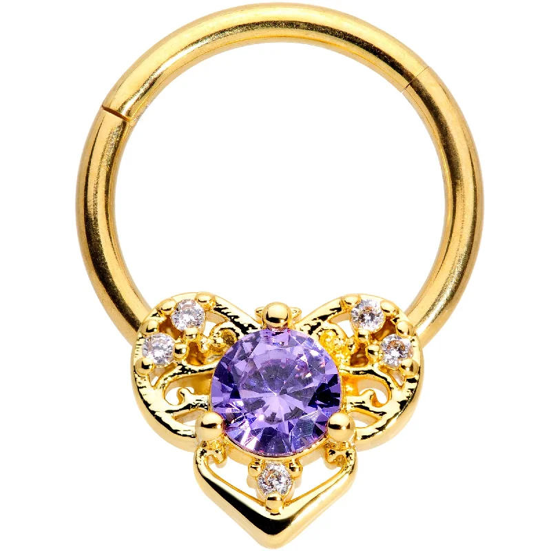 Stylish Lip Rings for Modern Appeal16 Gauge 3/8 Purple CZ Gold Tone Abstract Heart Hinged Segment Ring