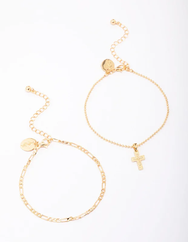 Women's Bangles with Swarovski Crystals-Gold Plated Figaro & Ball Cross Bracelets 2-Packs