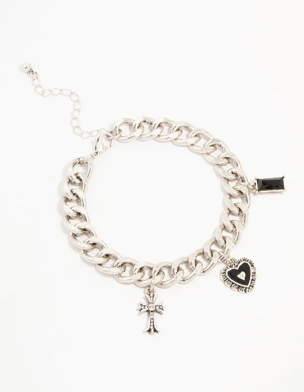 Classy Bangles for Women-Antique Silver Rustic Heart & Diamante Charm Bracelet