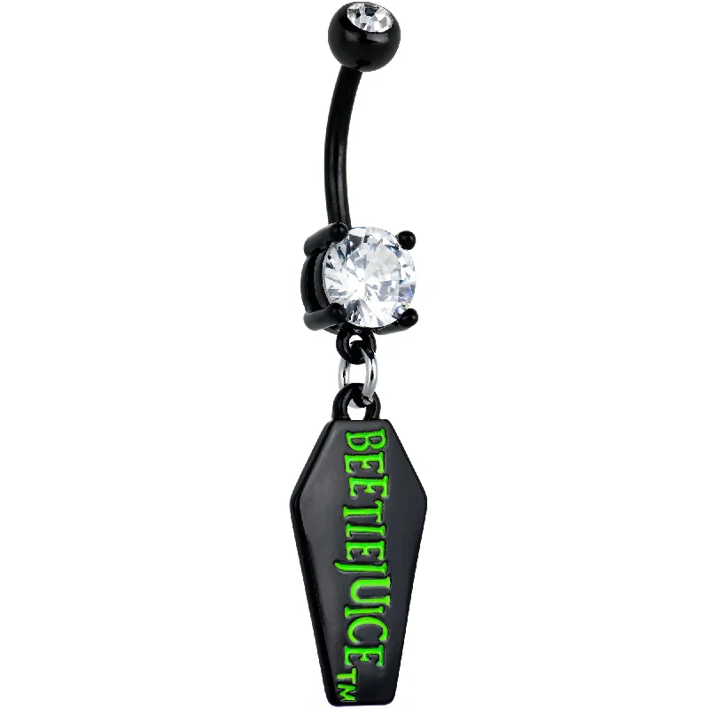 Cute Belly Rings for Summer Style -Clear Gem Black Officially Licensed Beetlejuice Coffin Dangle Belly Ring Cute Belly Rings for Summer Style -Clear Gem Black Officially Licensed Beetlejuice Coffin Dangle Belly Ring