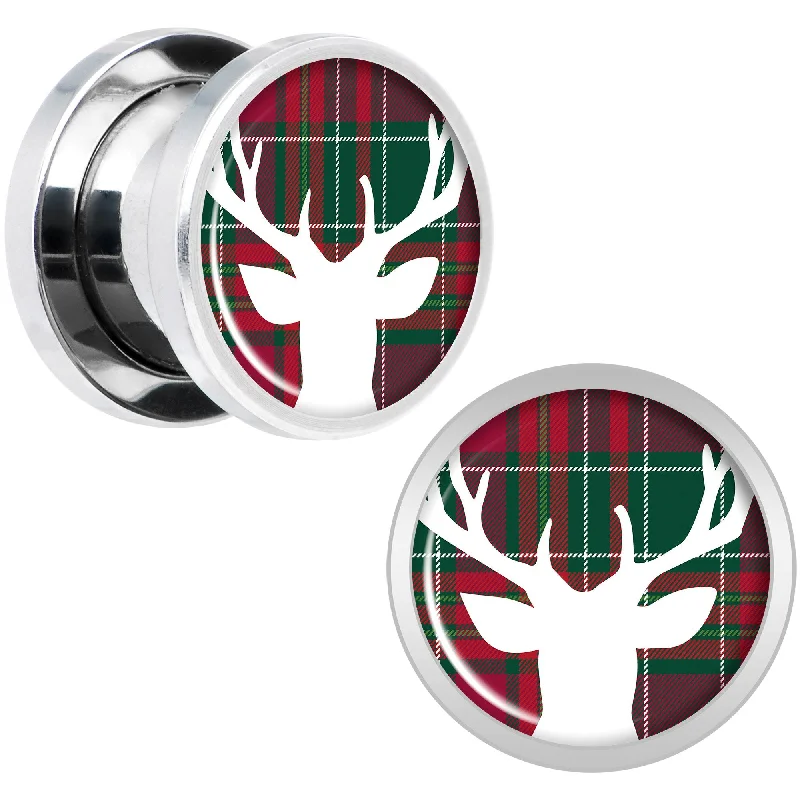 Women's Earrings – Elegant Designs for Every Personality--Red Green Plaid Reindeer Screw Fit Plug Set Sizes 5mm to 20mm Women's Earrings – Elegant Designs for Every Personality--Red Green Plaid Reindeer Screw Fit Plug Set Sizes 5mm to 20mm