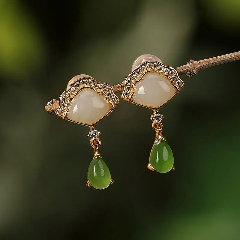 Women's Earrings – Elegant Designs for Every Personality--Buddha Stones White Jade Cyan Jade Fan Water Drop Pattern Luck Drop Earrings