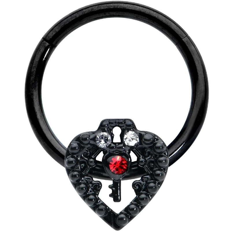 Nose Rings for Simple Style -16 Gauge 3/8 Red Clear Gem Black Key Heart Hinged Segment Ring Nose Rings for Simple Style -16 Gauge 3/8 Red Clear Gem Black Key Heart Hinged Segment Ring