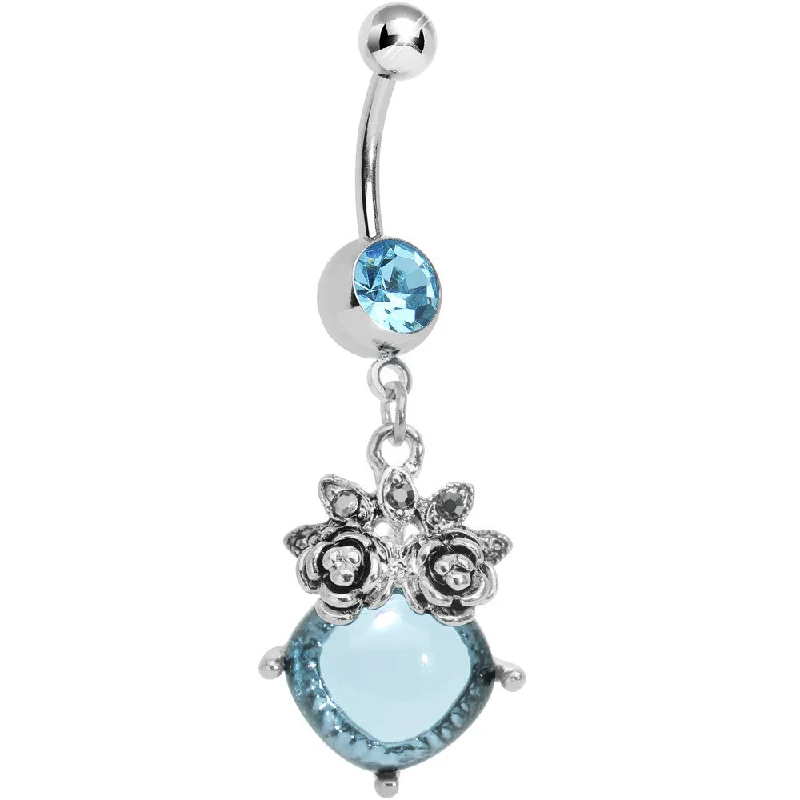 Belly Rings for Special Occasions -Aqua Gem Luminous Orb Victorian Roses Dangle Belly Ring