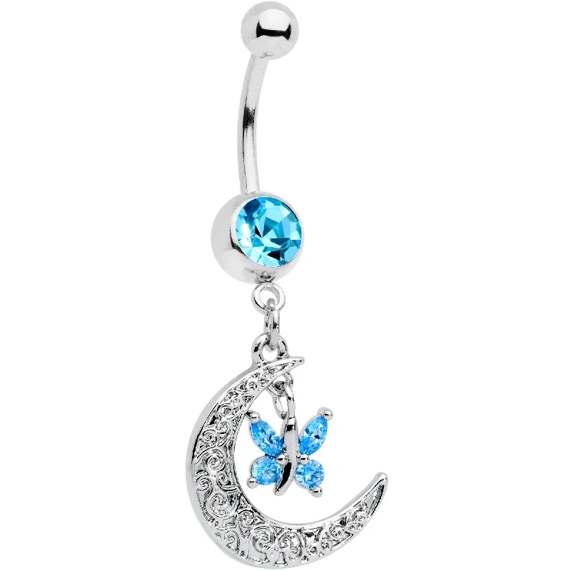 Unique Belly Rings with Artistic Shine -Aqua Gem Crescent Moon Butterfly Dangle Belly Ring Unique Belly Rings with Artistic Shine -Aqua Gem Crescent Moon Butterfly Dangle Belly Ring