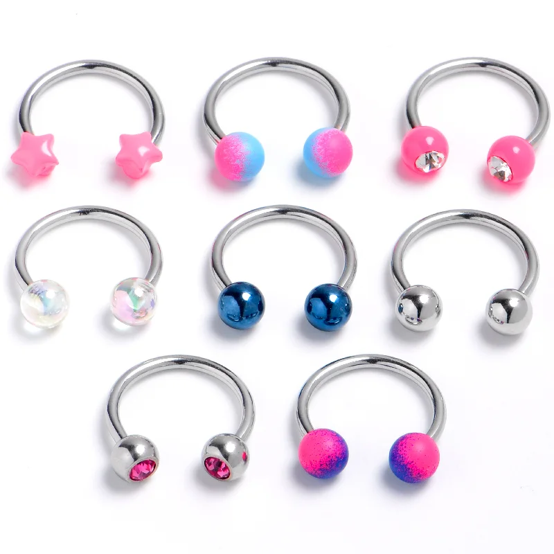 Stunning Designer Lip Rings16 Gauge 3/8 Pink Gem Blue Purple Horseshoe Circular Barbell Set of 8