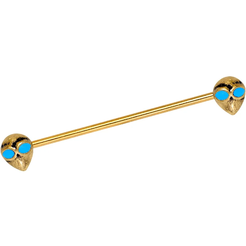 Women's Earrings – Elegant Designs for Every Personality--Gold Tone Anodized Blue Eyed Aliens Industrial Barbell 38mm Women's Earrings – Elegant Designs for Every Personality--Gold Tone Anodized Blue Eyed Aliens Industrial Barbell 38mm