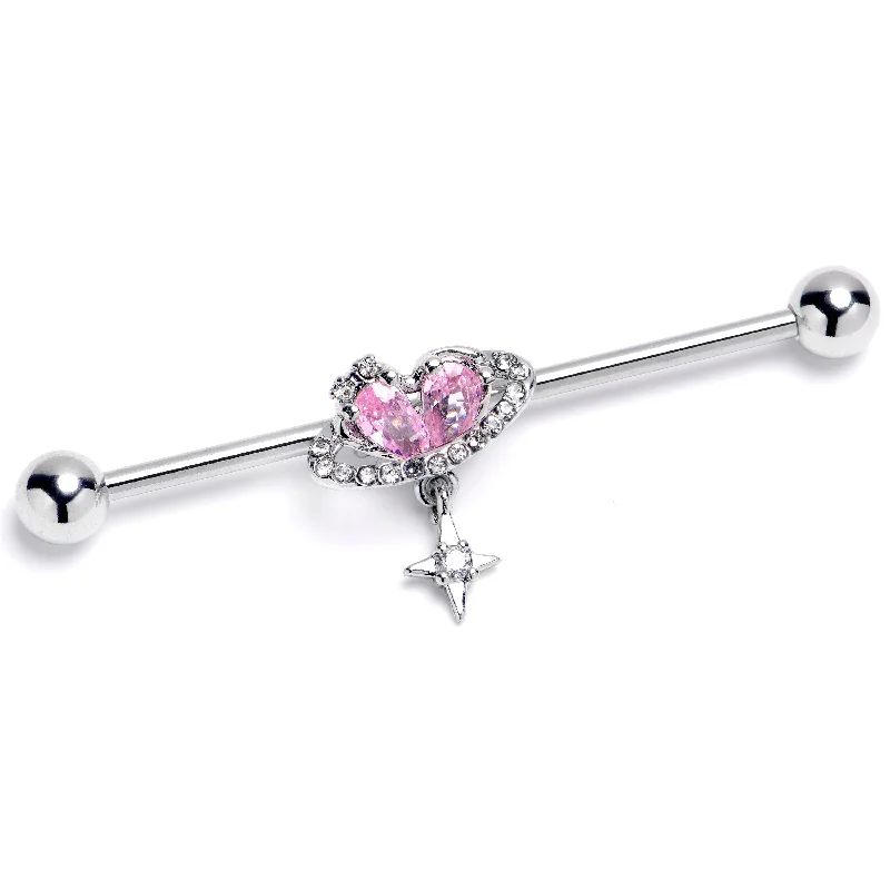 Women's Earrings – Elegant Designs for Every Personality--14 Gauge Pink Clear CZ Gem Starry Heart Dangle Industrial Barbell 38mm