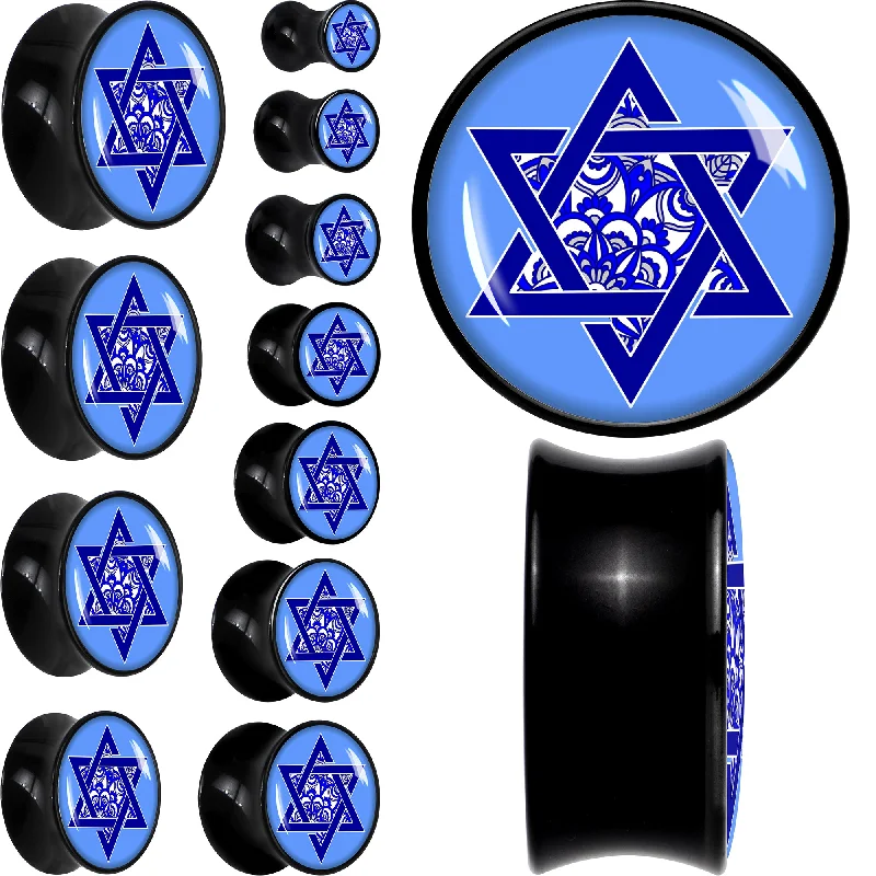 Women's Earrings – Elegant Designs for Every Personality--Floral Star of David Black Acrylic Saddle Plug Set Women's Earrings – Elegant Designs for Every Personality--Floral Star of David Black Acrylic Saddle Plug Set
