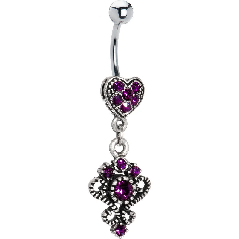 Stylish Belly Rings for Bold Statements -Antique Silver Victorian Heart Violet Gem Dangle Belly Ring Stylish Belly Rings for Bold Statements -Antique Silver Victorian Heart Violet Gem Dangle Belly Ring