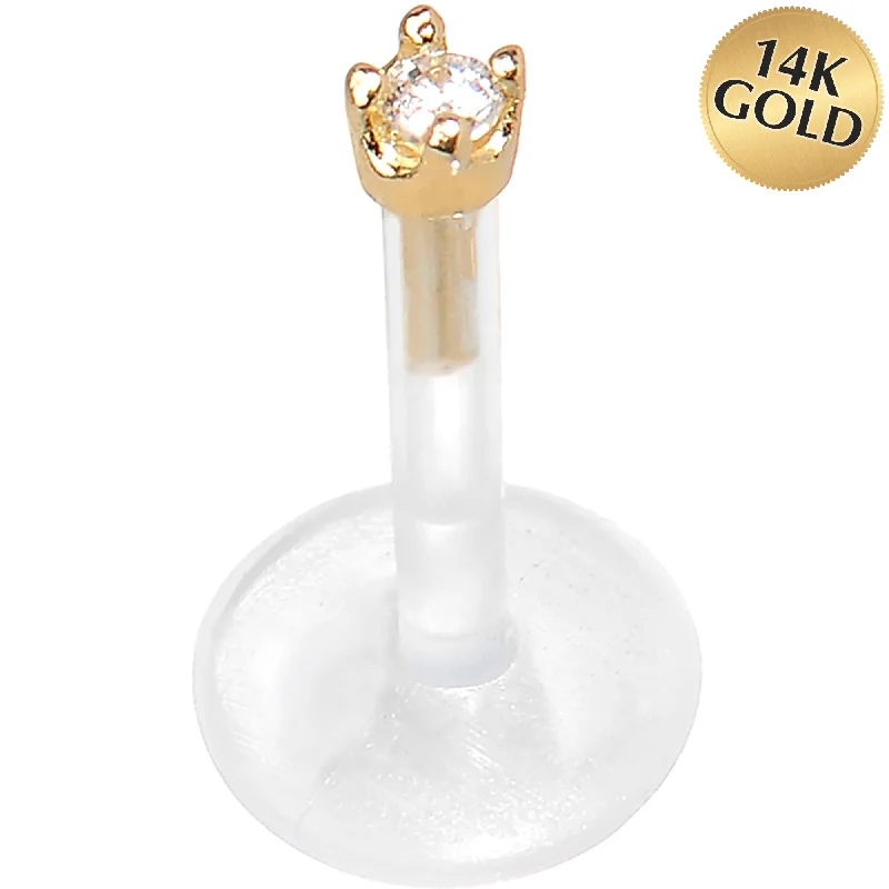 Women's Earrings – Elegant Designs for Every Personality--16 Gauge 5/16 Solid 14KT Yellow Gold 1.5mm CZ Bioplast Push in Tragus Earring