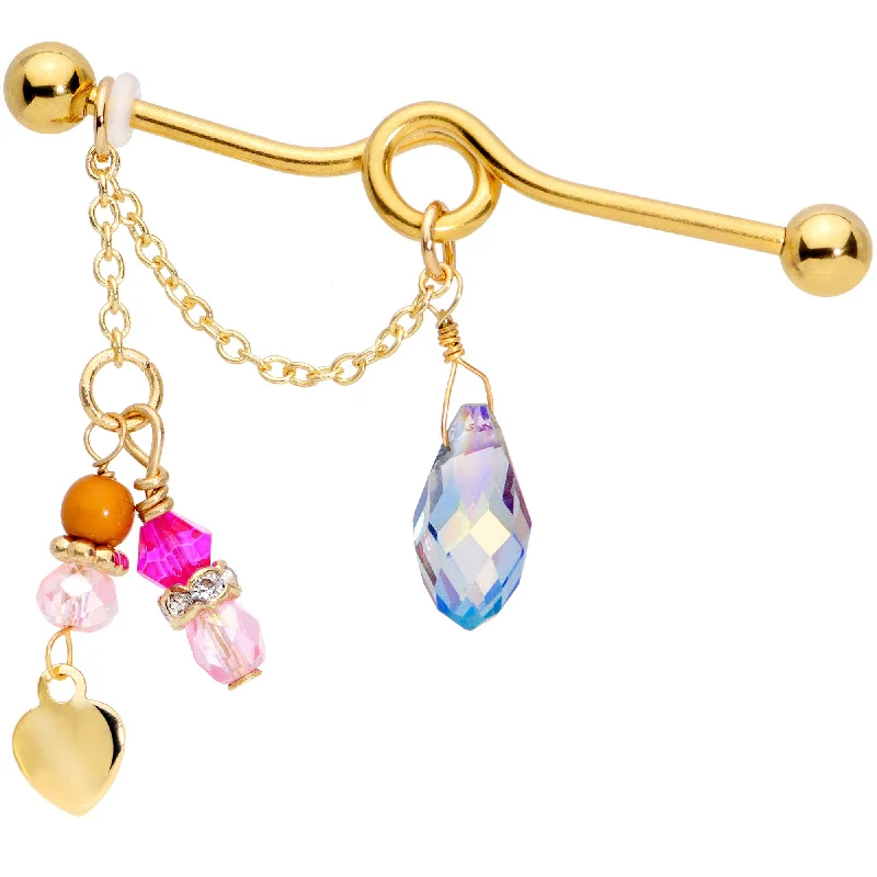 Women's Earrings – Elegant Designs for Every Personality--14 Gauge Pink Aurora Gem Gold Tone Chain Dangle Industrial Barbell 38mm
