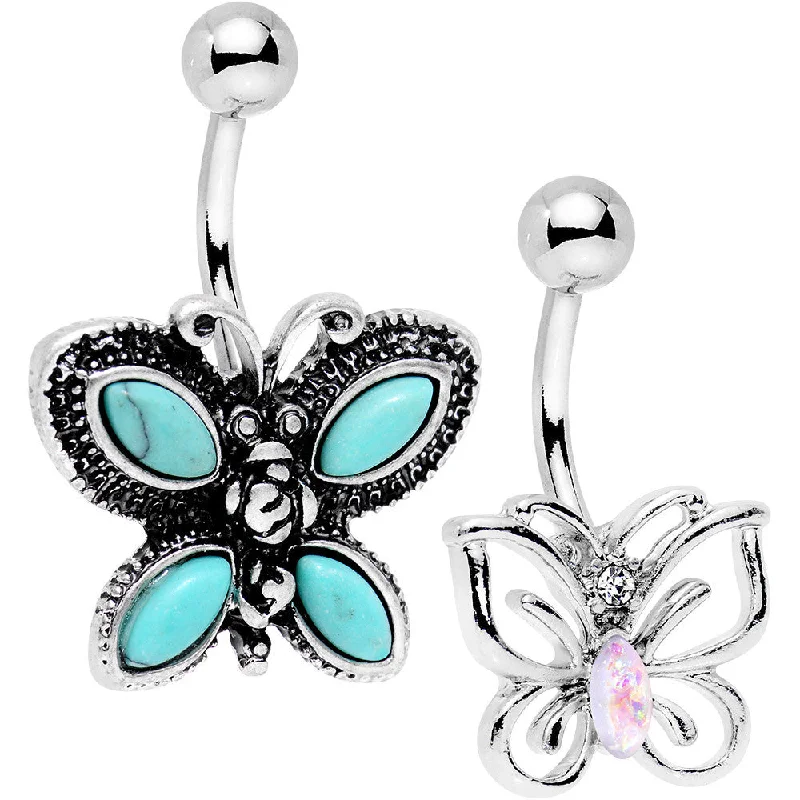 Elegant Belly Rings with Unique Details -White Faux Opal Faux Turquoise Bestie Butterfly Belly Ring Set Elegant Belly Rings with Unique Details -White Faux Opal Faux Turquoise Bestie Butterfly Belly Ring Set