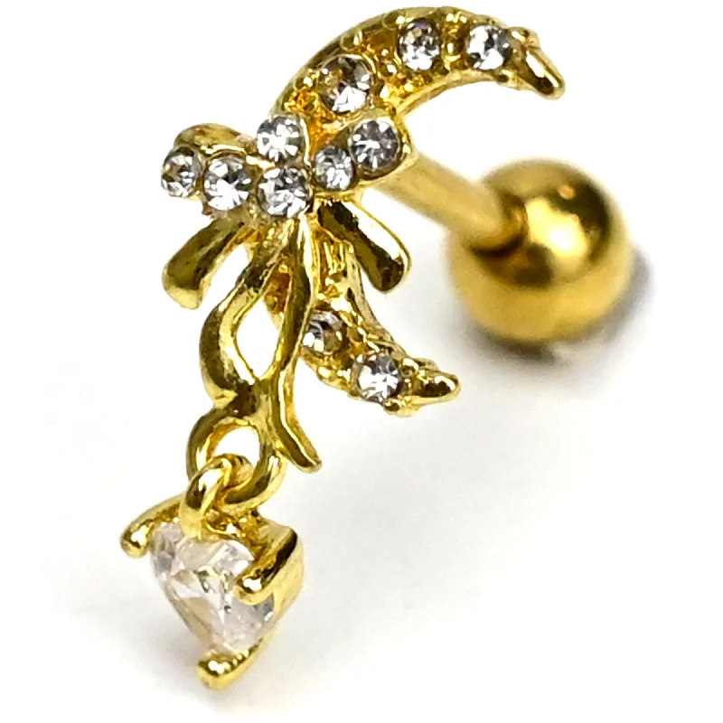Women's Earrings – Elegant Designs for Every Personality--16 Gauge 1/4 Clear Gem Gold Hue Moon Bow Heart Dangle Cartilage Earring