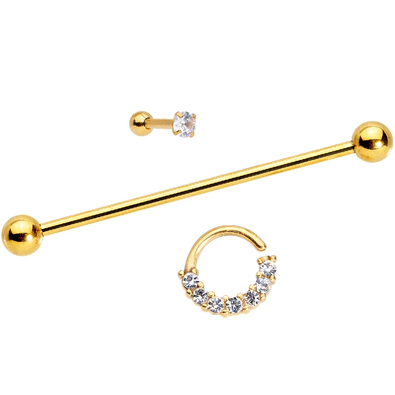 Women's Earrings – Elegant Designs for Every Personality--Clear CZ Gem Gold Tone Segment Ring Cartilage Industrial Set of 3 Women's Earrings – Elegant Designs for Every Personality--Clear CZ Gem Gold Tone Segment Ring Cartilage Industrial Set of 3