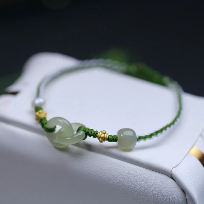 Chic Bangles for Women-Buddha Stones 925 Sterling Silver Hetian Jade Double Peace Buckle Luck Braided Bracelet Chic Bangles for Women-Buddha Stones 925 Sterling Silver Hetian Jade Double Peace Buckle Luck Braided Bracelet