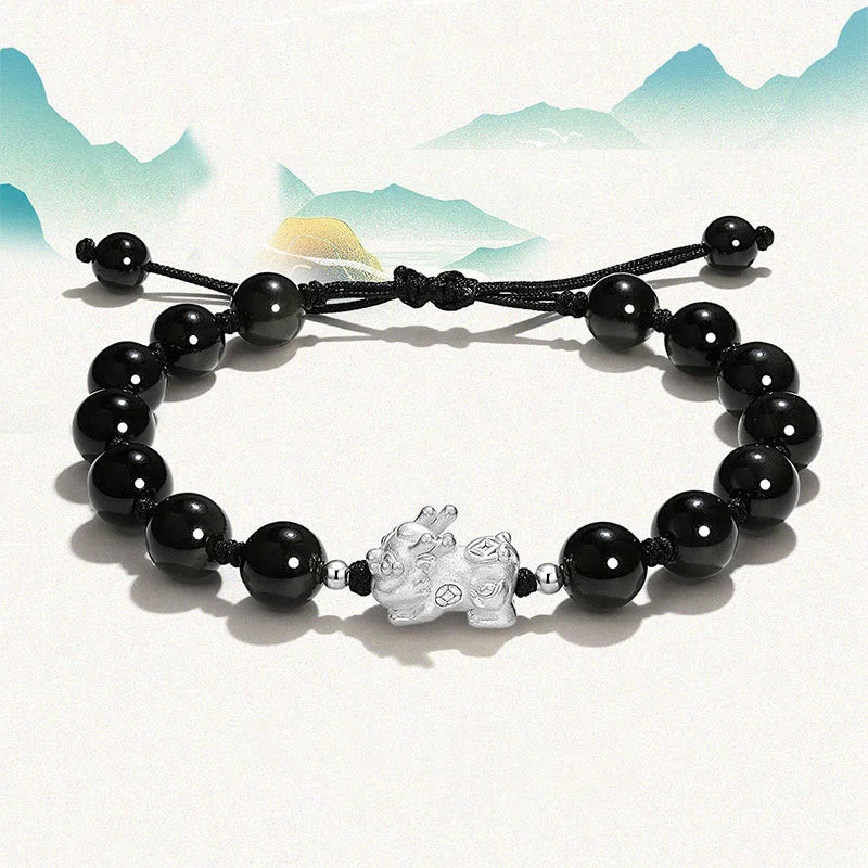 Silver Bangle Sets for Women-Buddha Stones Natural Black Obsidian Cat's Eye Pink Crystal PiXiu Strength Bracelet Silver Bangle Sets for Women-Buddha Stones Natural Black Obsidian Cat's Eye Pink Crystal PiXiu Strength Bracelet