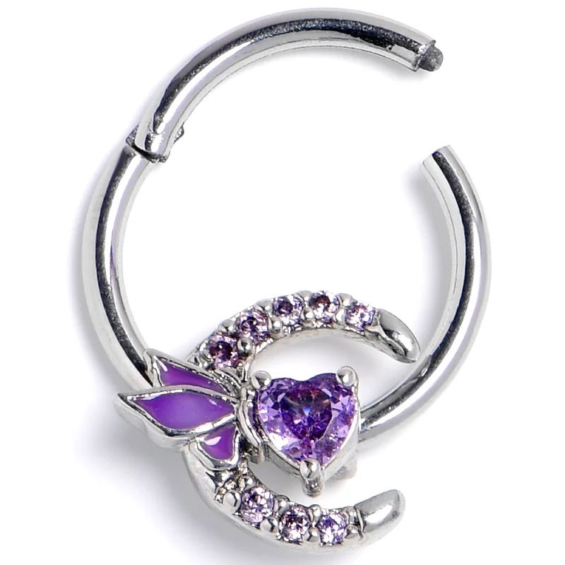 Fashion-Forward Nose Rings for Bold Styles -16 Gauge 3/8 Purple Gem Butterfly Heart Moon Hinged Segment Ring Fashion-Forward Nose Rings for Bold Styles -16 Gauge 3/8 Purple Gem Butterfly Heart Moon Hinged Segment Ring