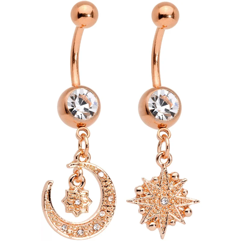 Beautiful Belly Rings for Stunning Effect -Clear Gem Rose Gold Tone Celestial Star Moon Dangle Belly Ring Set Beautiful Belly Rings for Stunning Effect -Clear Gem Rose Gold Tone Celestial Star Moon Dangle Belly Ring Set