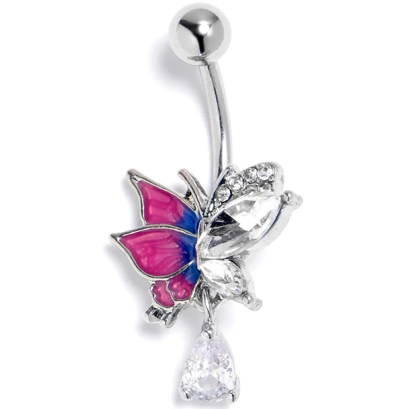 Trendy Belly Rings with Chic Finish -Clear CZ Gem Dazzling Butterfly Purple Dangle Belly Ring Trendy Belly Rings with Chic Finish -Clear CZ Gem Dazzling Butterfly Purple Dangle Belly Ring