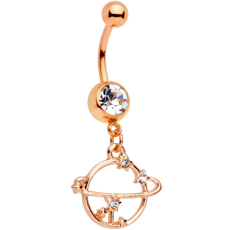 Custom Belly Rings for Unique Style -Clear Gem Rose Gold Tone Stars Orbit Planet Saturn Dangle Belly Ring Custom Belly Rings for Unique Style -Clear Gem Rose Gold Tone Stars Orbit Planet Saturn Dangle Belly Ring