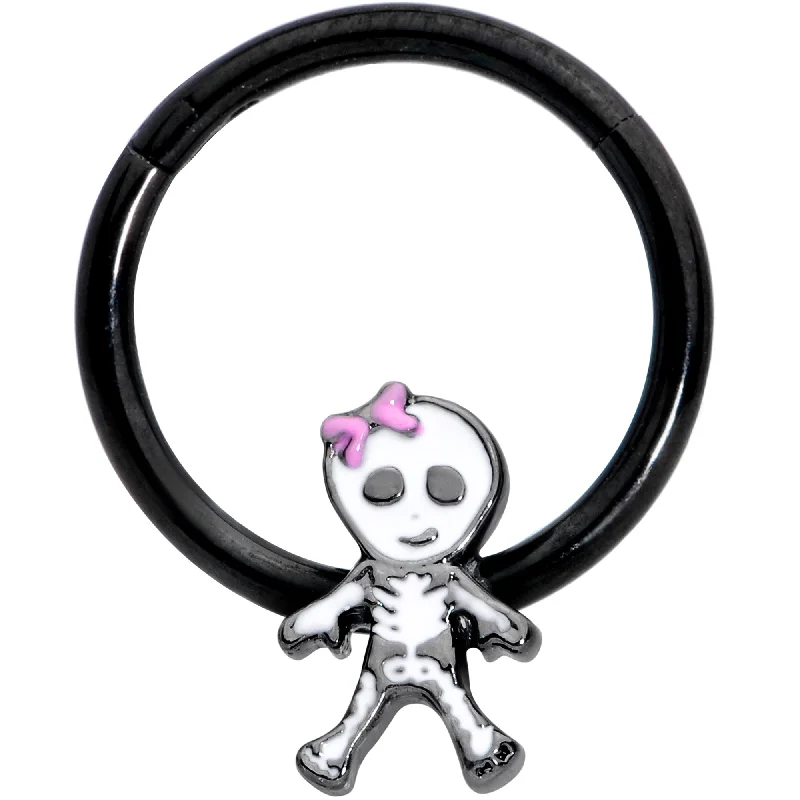 Nose Rings with Cute Designs -16 Gauge 3/8 Black Skeleton Girl Halloween Hinged Segment Ring Nose Rings with Cute Designs -16 Gauge 3/8 Black Skeleton Girl Halloween Hinged Segment Ring