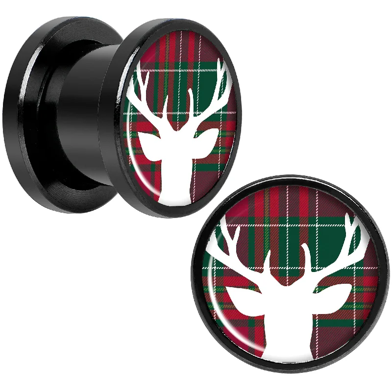 Women's Earrings – Elegant Designs for Every Personality--Red Green Plaid Reindeer Black Screw Fit Plug Set Sizes 5mm to 20mm