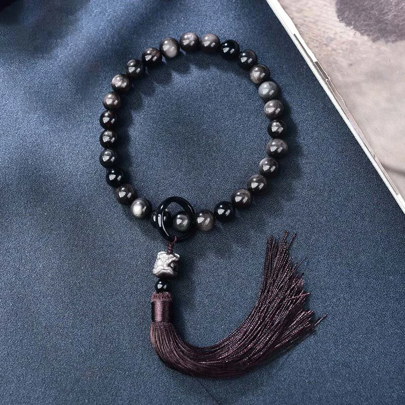 Black Bracelets for Men-Buddha Stones Natural Silver Sheen Obsidian Lion Wrist Mala Protection Tassels Pocket Mala Car Decoration Black Bracelets for Men-Buddha Stones Natural Silver Sheen Obsidian Lion Wrist Mala Protection Tassels Pocket Mala Car Decoration