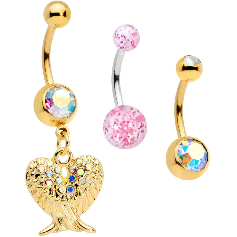 Belly Rings with Heart-Shaped Designs -Aurora Gem Gold Tone Angel Wings Pink Confetti Belly Ring Set of 3 Belly Rings with Heart-Shaped Designs -Aurora Gem Gold Tone Angel Wings Pink Confetti Belly Ring Set of 3