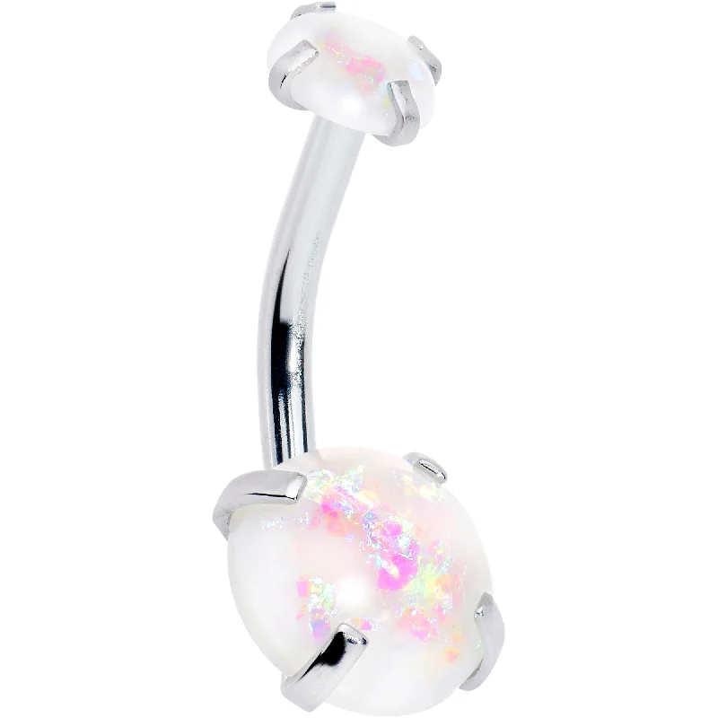 Comfortable Belly Rings for Active Lifestyles -White Faux Opal October Birthstone Double Mount Belly Ring Comfortable Belly Rings for Active Lifestyles -White Faux Opal October Birthstone Double Mount Belly Ring