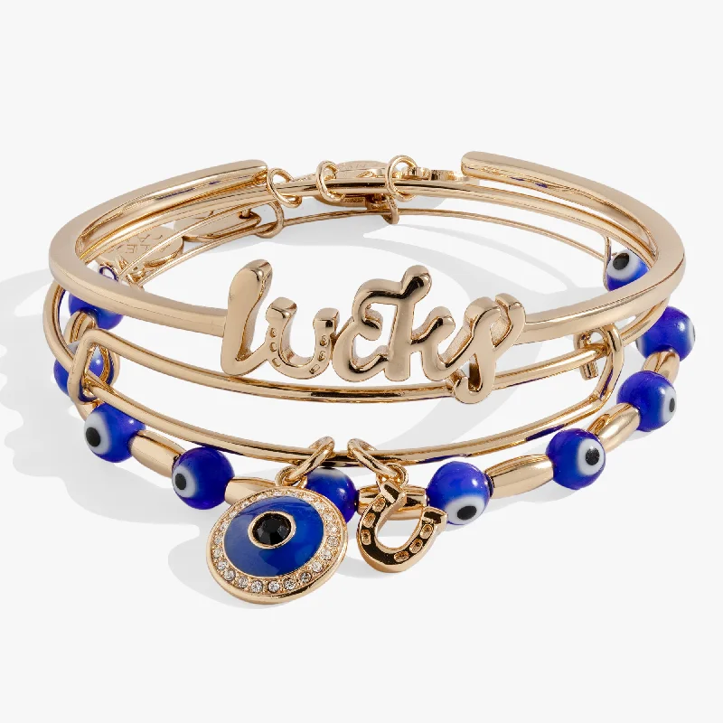 Women's Bangles with Ruby Accents-Evil Eye Bangles Set of 3
