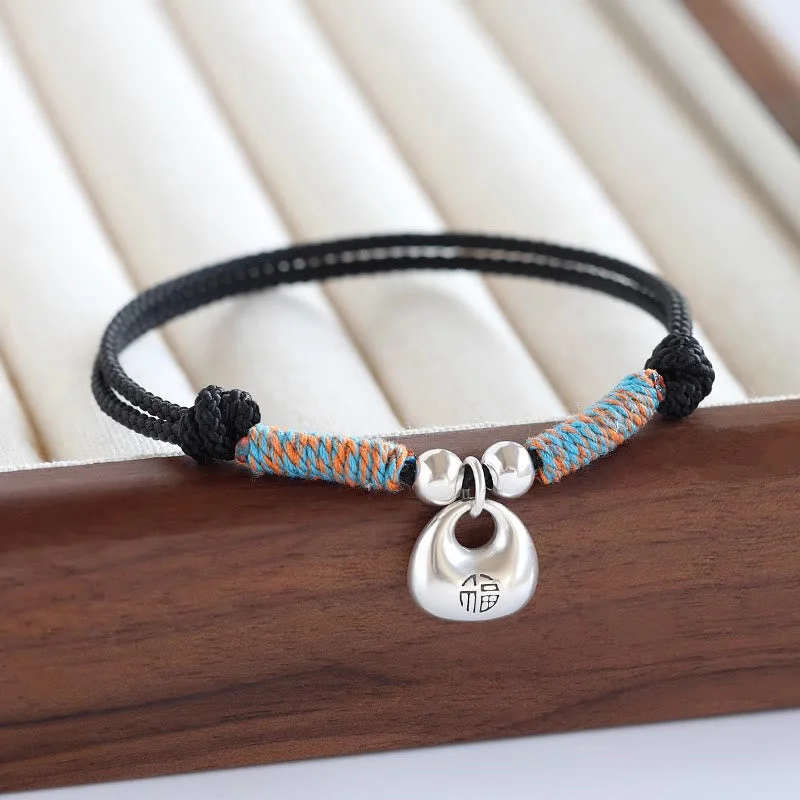 Men's Tennis Bracelets-Buddha Stones Handmade 925 Sterling Silver Fu Character Safe And Well Luck Braided Bracelet Men's Tennis Bracelets-Buddha Stones Handmade 925 Sterling Silver Fu Character Safe And Well Luck Braided Bracelet