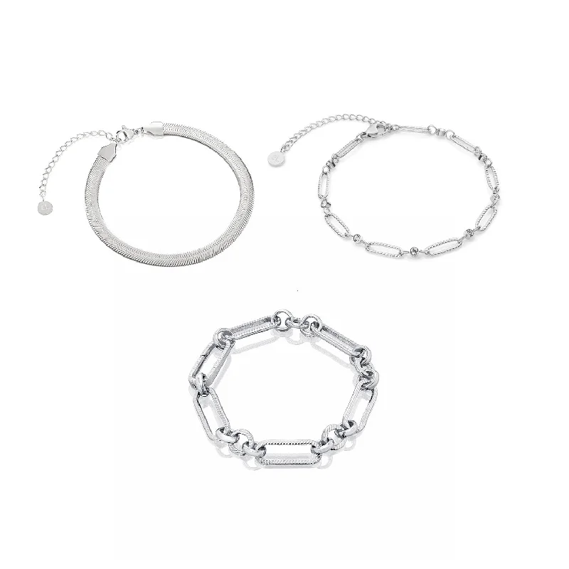 Unique Bangles for Women-Figaro & Snake Chain Bracelet Bundle (Silver)