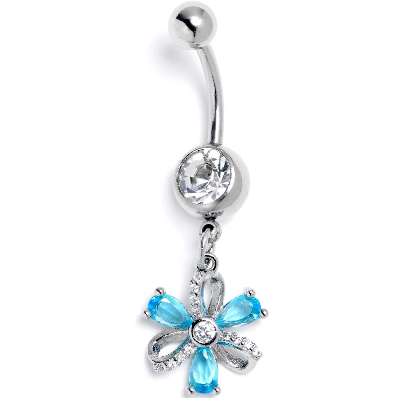 Beautiful Belly Rings with Elegant Touch -Clear Blue CZ Gem Bling Flower Glam Dangle Belly Ring Beautiful Belly Rings with Elegant Touch -Clear Blue CZ Gem Bling Flower Glam Dangle Belly Ring