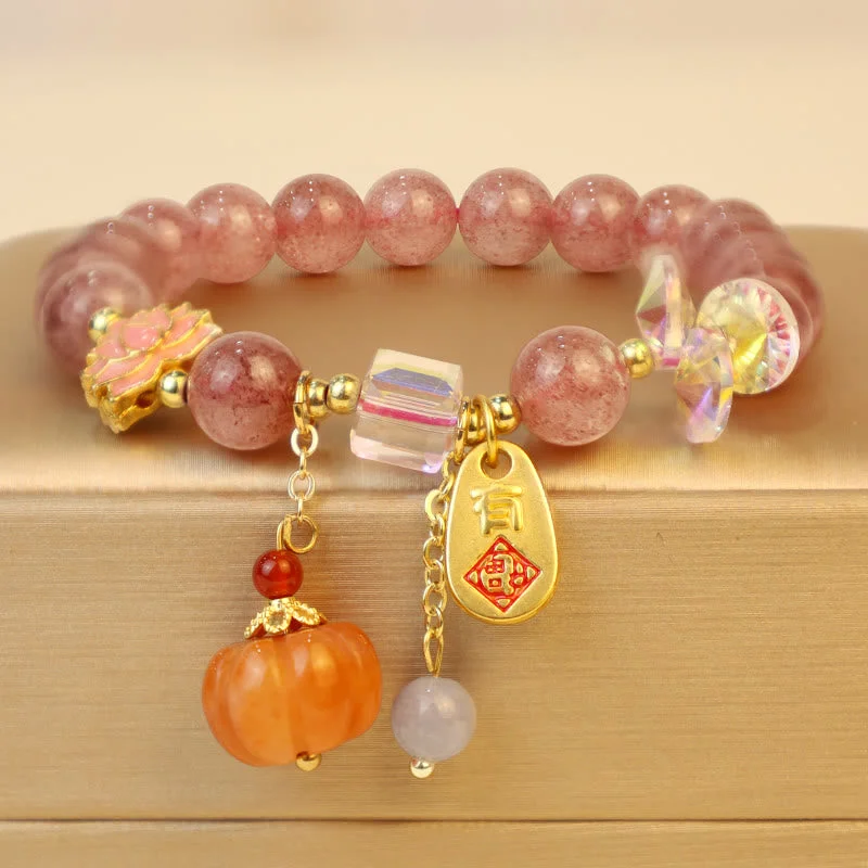 Wedding Bangles for Women with Diamonds-Buddha Stones Natural Strawberry Quartz Fu Character Pumpkin Charm Positive Bracelet Wedding Bangles for Women with Diamonds-Buddha Stones Natural Strawberry Quartz Fu Character Pumpkin Charm Positive Bracelet