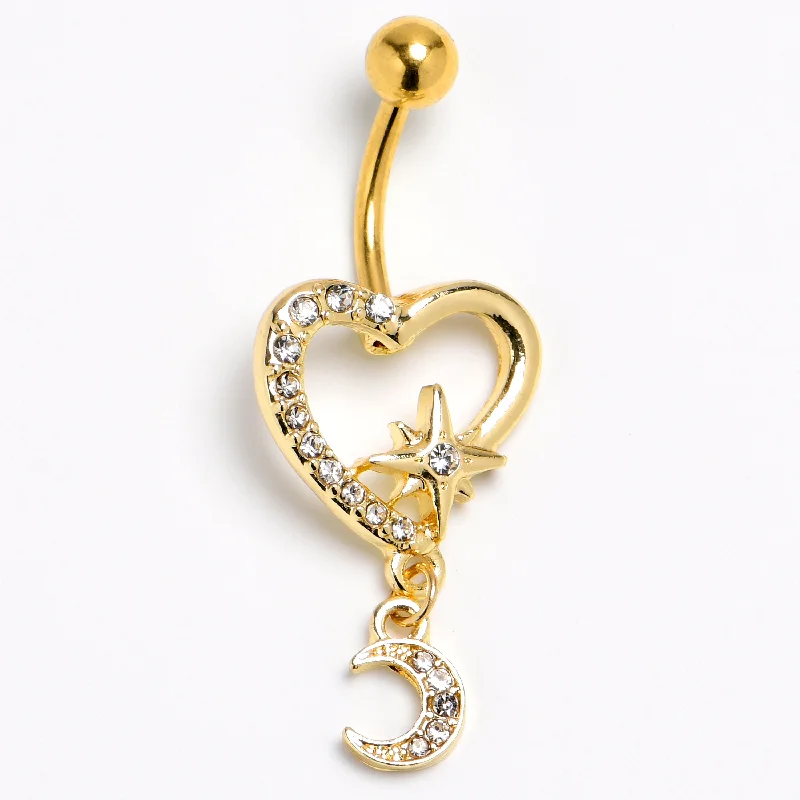 Comfortable Belly Rings for Sensitive Piercings -Clear Gem Gold Tone Heart Moon Dangle Belly Ring Comfortable Belly Rings for Sensitive Piercings -Clear Gem Gold Tone Heart Moon Dangle Belly Ring