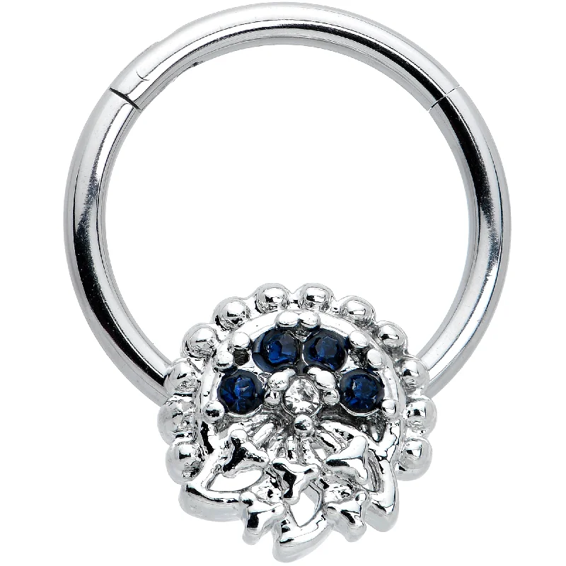 Nose Rings with Metal Detailing -16 Gauge 3/8 Clear Blue Gem Abstract Arch Hinged Segment Ring Nose Rings with Metal Detailing -16 Gauge 3/8 Clear Blue Gem Abstract Arch Hinged Segment Ring