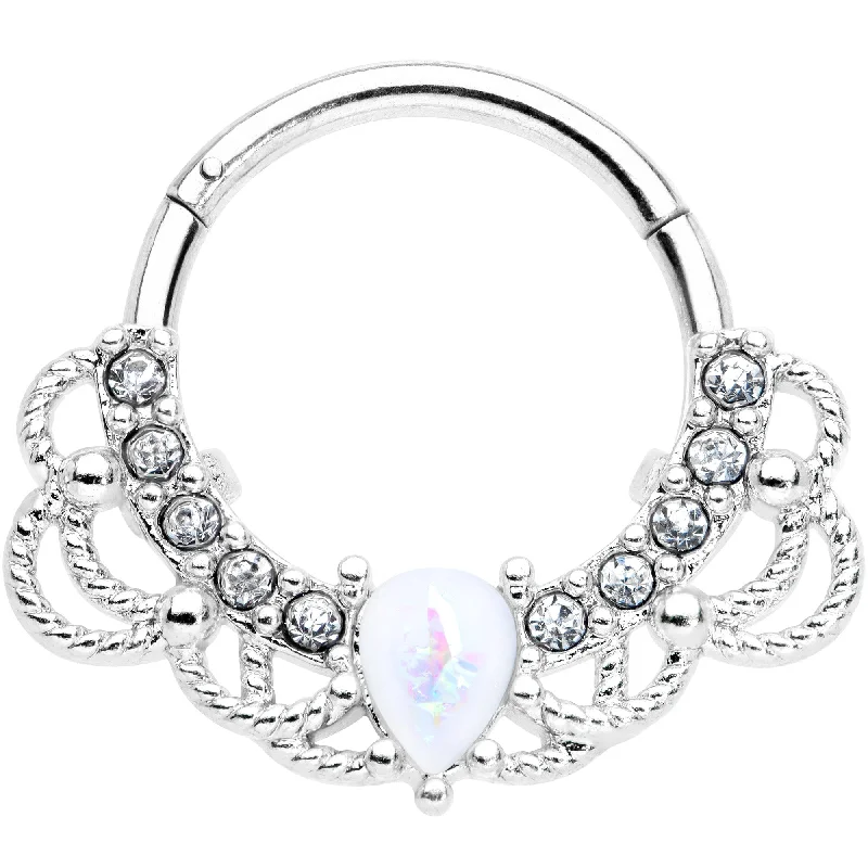 Comfortable Silver Nose Rings -16 Gauge 3/8 White Faux Opal Lace Lover Hinged Segment Ring Comfortable Silver Nose Rings -16 Gauge 3/8 White Faux Opal Lace Lover Hinged Segment Ring