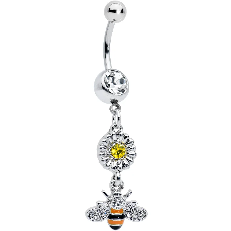 Simple Belly Rings for Clean and Elegant Look -Clear Yellow Gem Striped Bee Daisy Flower Dangle Belly Ring