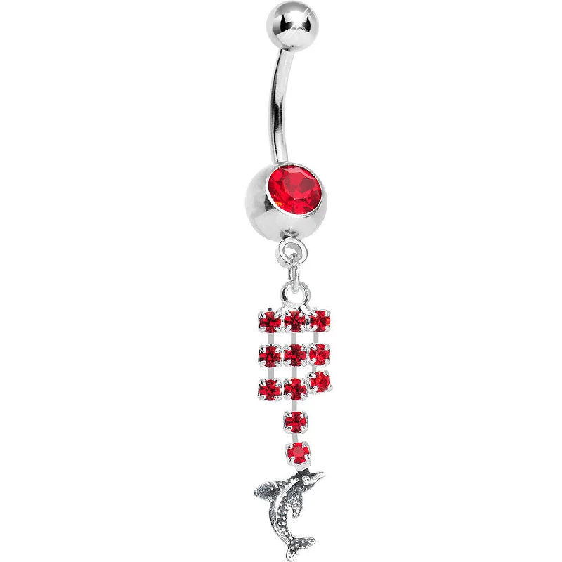 Comfortable Belly Rings with Polished Finish -Red Gem Raindrops and Dolphin Dangle Belly Ring Comfortable Belly Rings with Polished Finish -Red Gem Raindrops and Dolphin Dangle Belly Ring