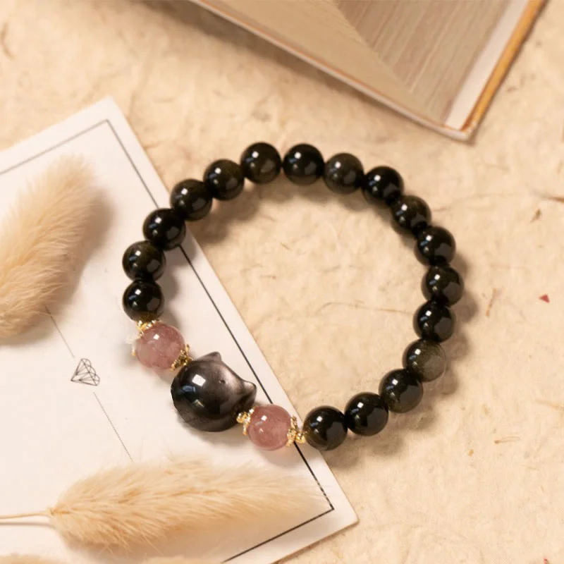 Modern Metal Bracelets for Men-Buddha Stones Black Obsidian Strawberry Quartz Beads Silver Sheen Obsidian Cat Head Strength Bracelet Modern Metal Bracelets for Men-Buddha Stones Black Obsidian Strawberry Quartz Beads Silver Sheen Obsidian Cat Head Strength Bracelet