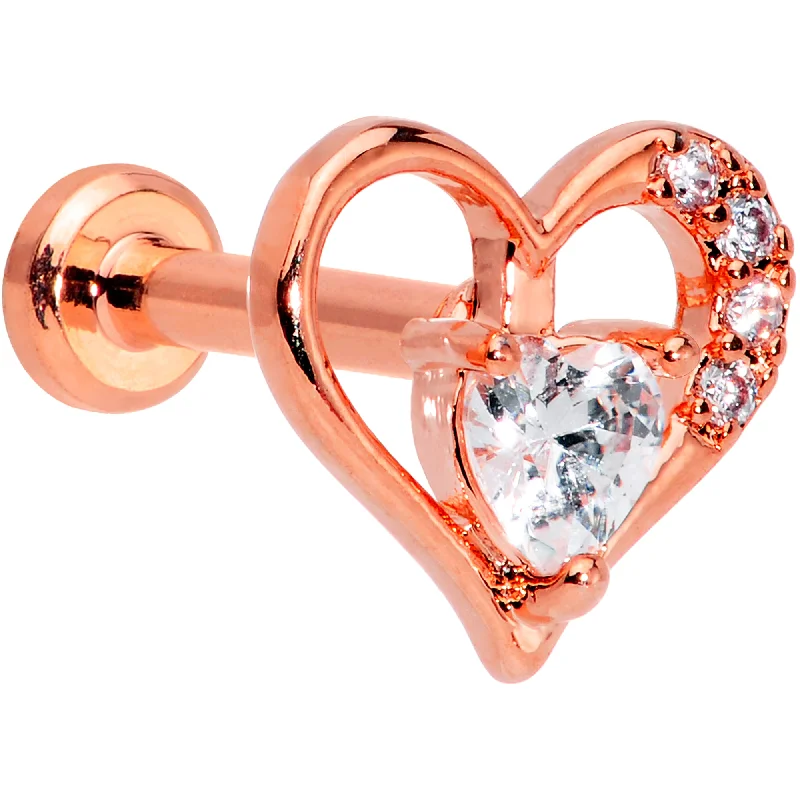 Lip Rings with Unique Design Features16 Gauge 1/4 Clear CZ Gem Rose Gold Hue Heart Internal Thread Labret