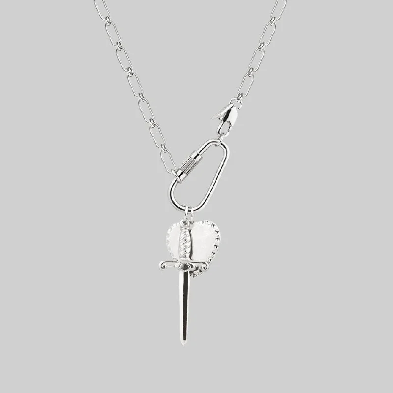 Shop Classic Women's  Necklaces & Pendants with a Modern Twist-TORMENT. Heart & Dagger Carabiner Charm Necklace - Silver