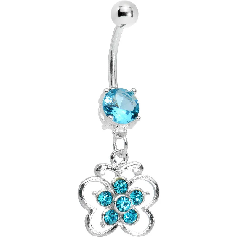 Belly Rings for Special Occasions -Aqua Gem Flower Center Butterfly Belly Ring