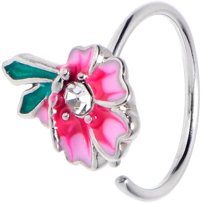 Comfortable Nose Rings for All Styles -20 Gauge 5/16 Clear Gem Faerie Flower Pink Nose Hoop Comfortable Nose Rings for All Styles -20 Gauge 5/16 Clear Gem Faerie Flower Pink Nose Hoop