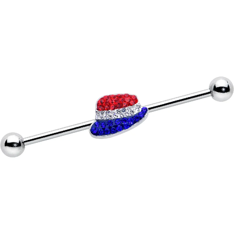Women's Earrings – Elegant Designs for Every Personality--14 Gauge Red Blue Clear Gem Patriotic Hat Industrial Barbell 38mm