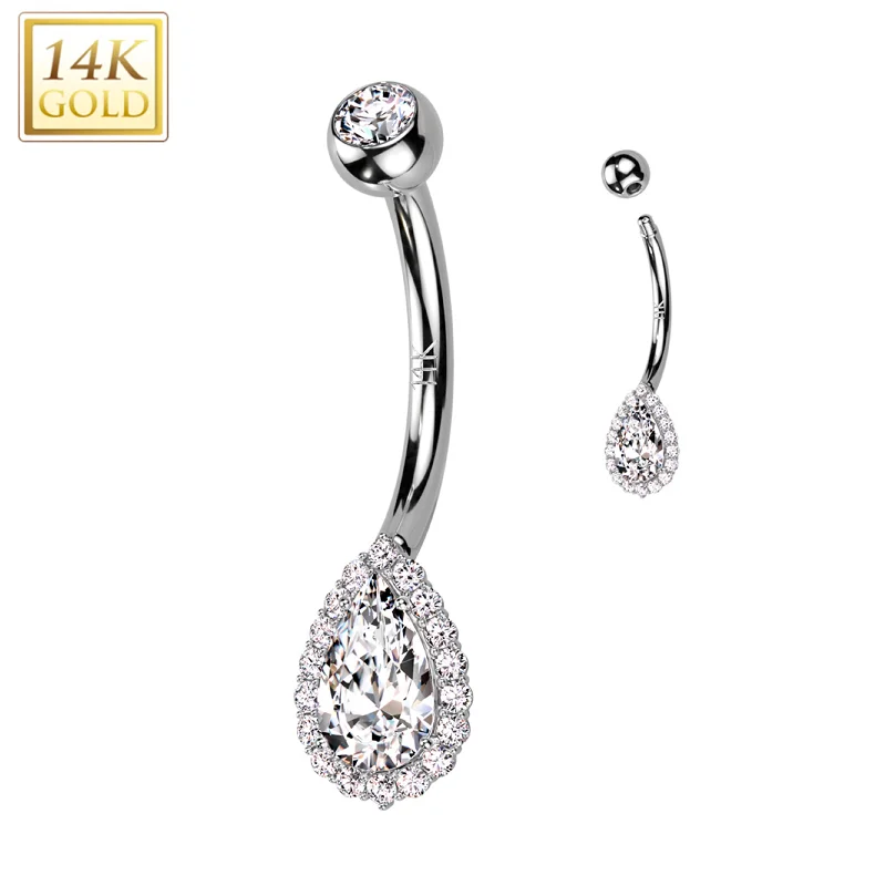 Stylish Belly Rings with Elegant Detailing -14kt Solid White Gold Cubic Zirconia Deco Tear Drop Belly Ring Stylish Belly Rings with Elegant Detailing -14kt Solid White Gold Cubic Zirconia Deco Tear Drop Belly Ring